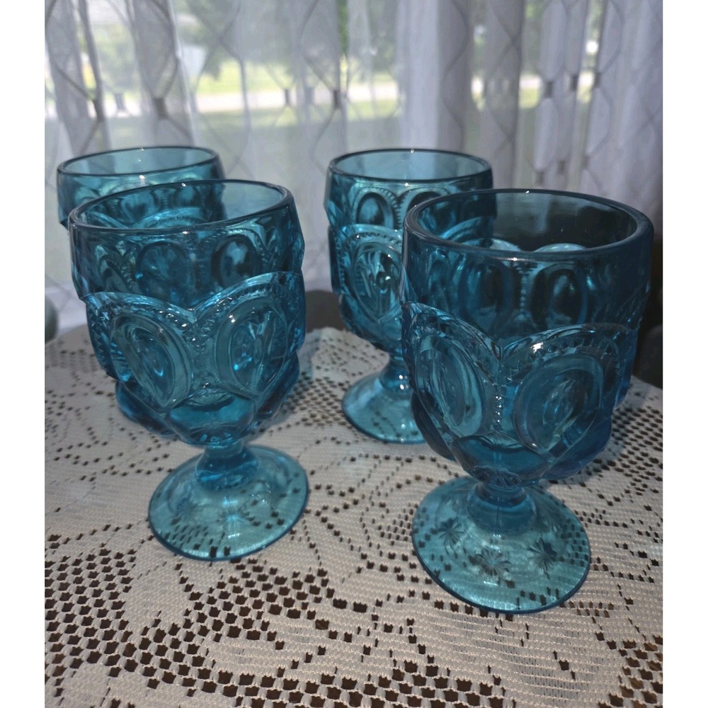 LE Smith Moon & Stars Blue Water Goblets Set of 4 Vintage 5 7/8" Glasses
